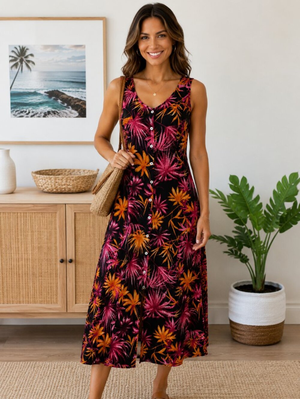Vintage Y2K Tropical Palm Print Midi Dress – Rayon Button Front Sundress Sz 12